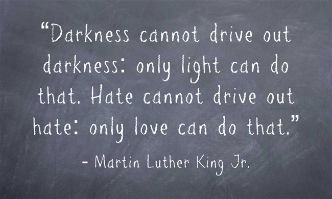 “Darkness cannot drive out darkness: only light can do that. Hate cannot drive out hate: only love can do that.” - MLKJr